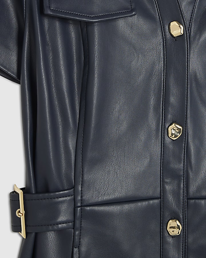 Navy Faux Leather Midi Shirt Dress