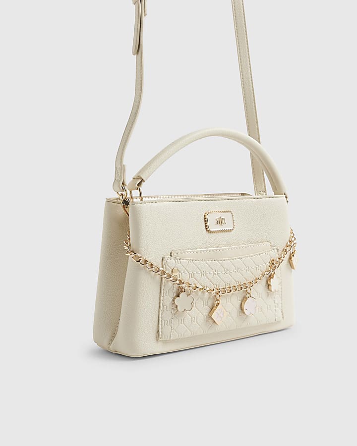 Cream Pocket Front Charm Tote Bag