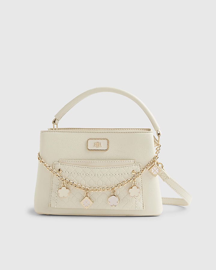 Cream Pocket Front Charm Tote Bag