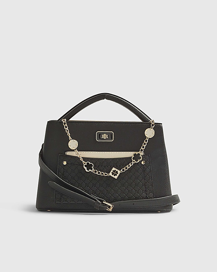 Black Pocket Front Charm Tote Bag
