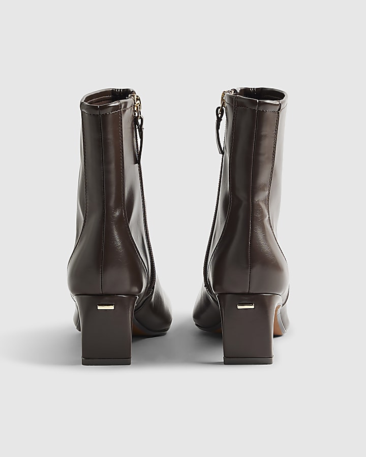 Brown Block Heel Stretch Sock Boots