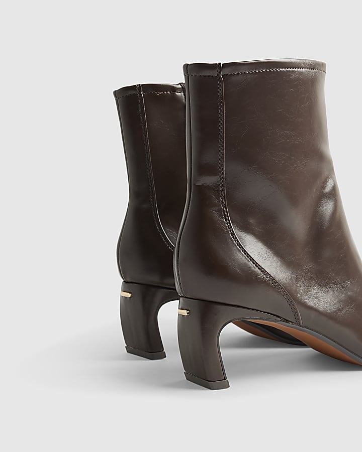 Brown Block Heel Stretch Sock Boots
