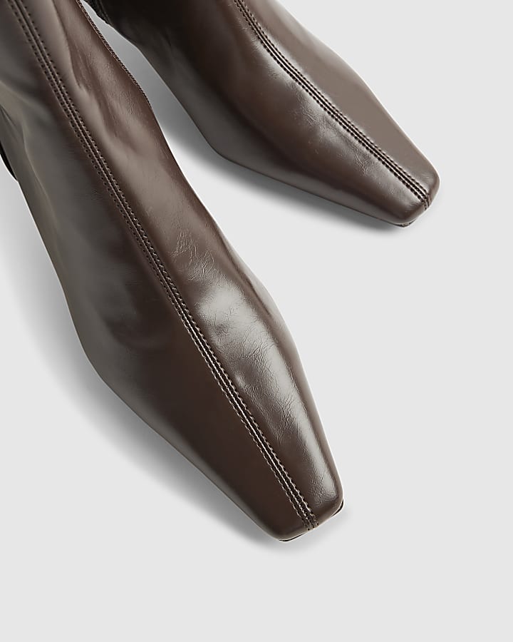 Brown Block Heel Stretch Sock Boots