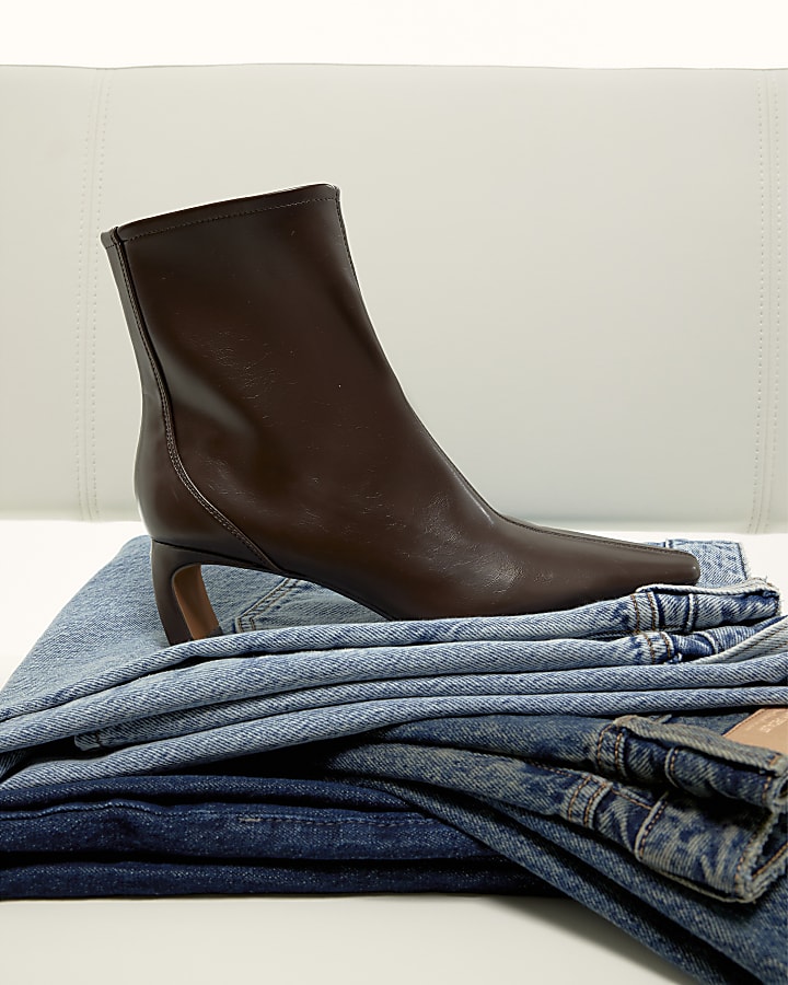 Brown Block Heel Stretch Sock Boots
