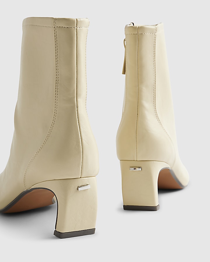 Cream Block Heel Stretch Sock Boots