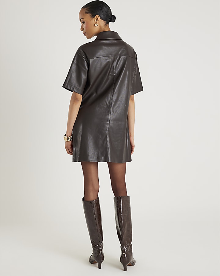 Brown Faux Leather Pocket Detail Shirt Dress