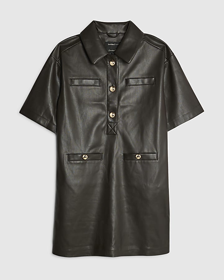 Brown Faux Leather Pocket Detail Shirt Dress