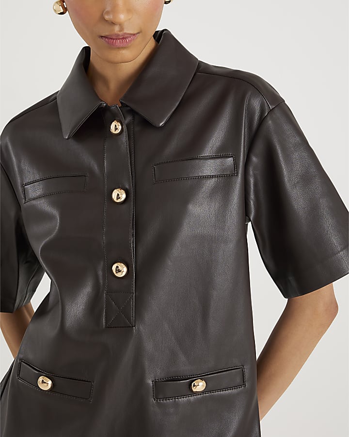 Brown Faux Leather Pocket Detail Shirt Dress