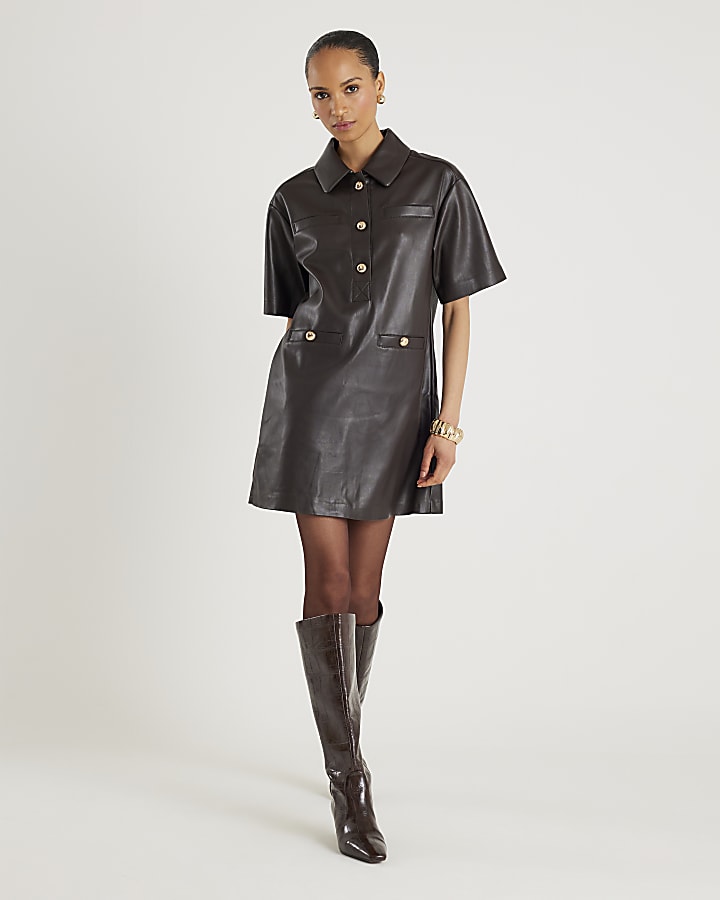 Brown Faux Leather Pocket Detail Shirt Dress