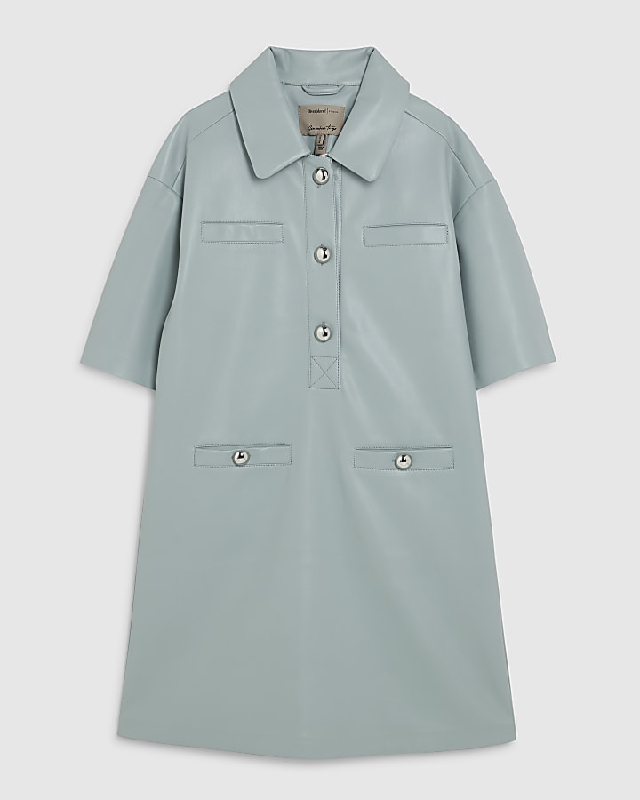 Blue Faux leather Pocket Detail Shirt Dress
