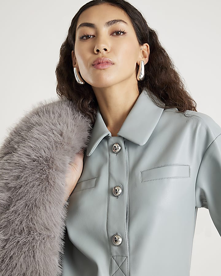 Blue Faux leather Pocket Detail Shirt Dress