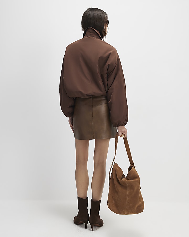 Brown Faux Leather Belted Mini Skirt