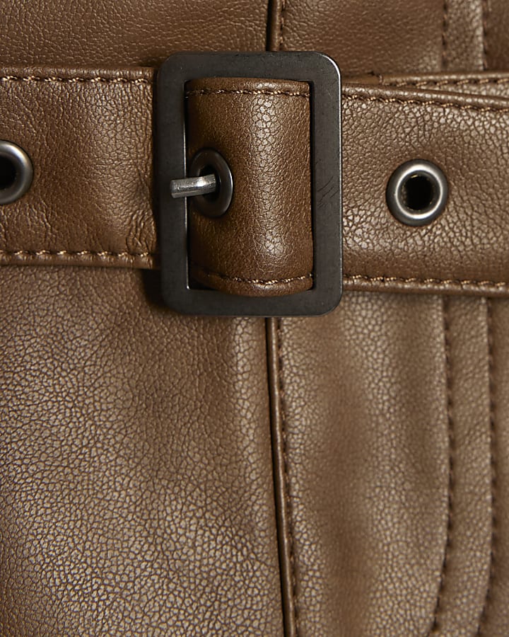 Brown Faux Leather Belted Mini Skirt