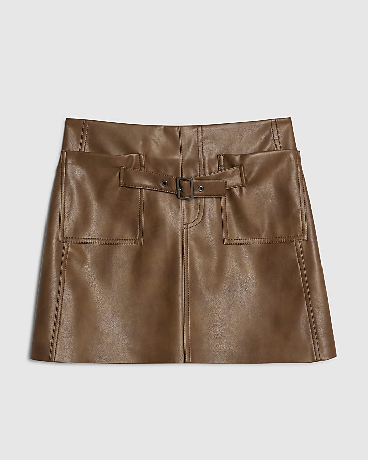 Brown Faux Leather Belted Mini Skirt