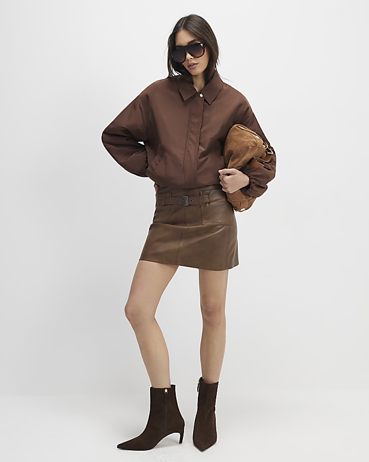 Brown Faux Leather Belted Mini Skirt