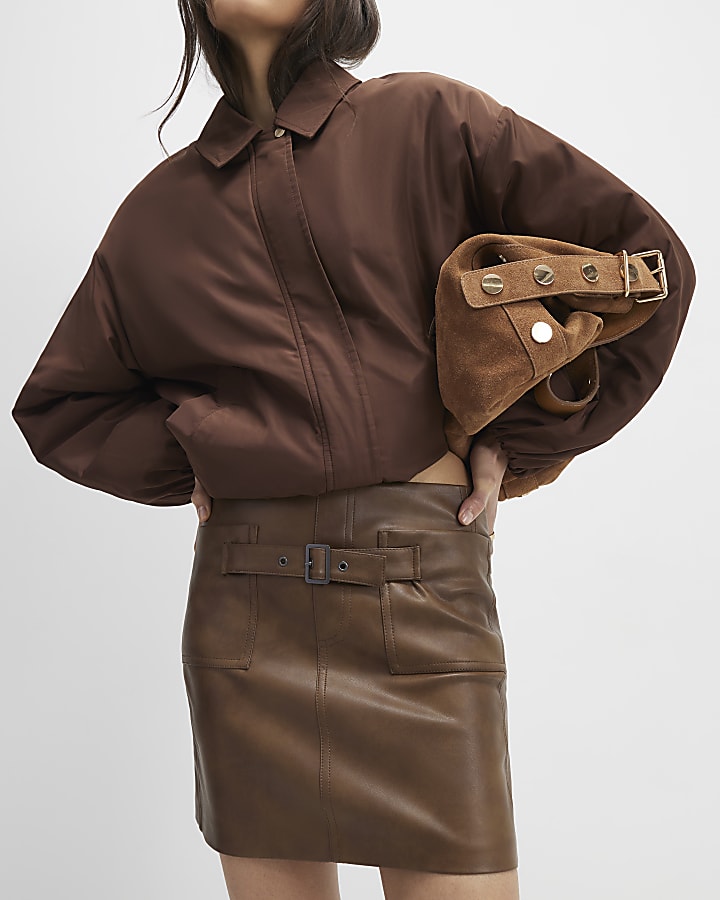 Brown Faux Leather Belted Mini Skirt