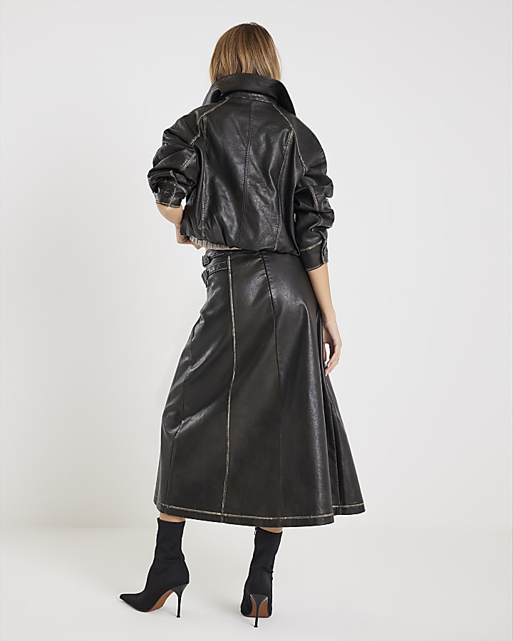 Black Faux Leather Distressed Wrap Midi Skirt