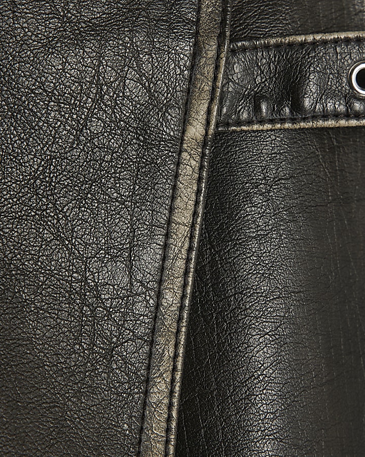 Black Faux Leather Distressed Wrap Midi Skirt