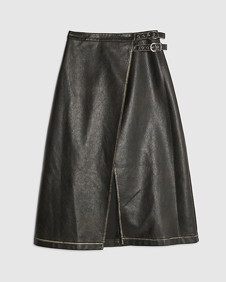 Black Faux Leather Distressed Wrap Midi Skirt