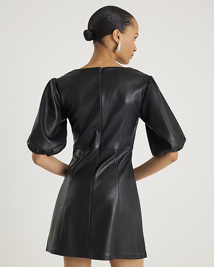 Black Faux Leather Puff Sleeve Mini Dress