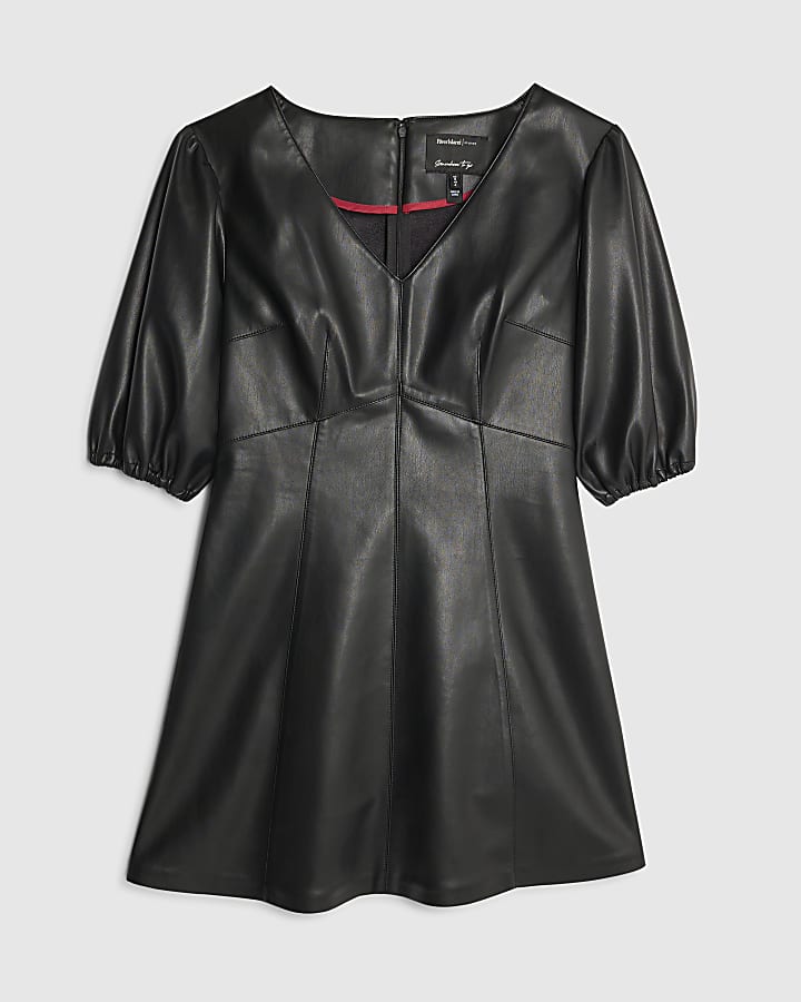 Black Faux Leather Puff Sleeve Mini Dress
