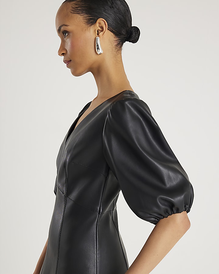 Black Faux Leather Puff Sleeve Mini Dress
