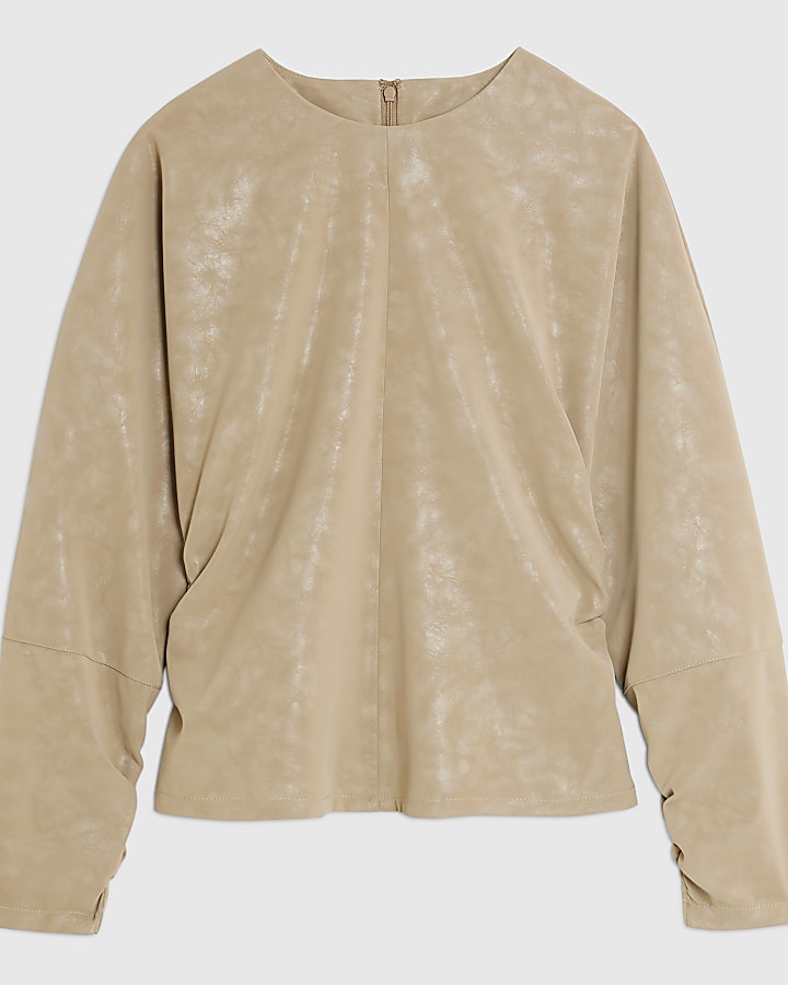 Beige Faux Leather Batwing Long Sleeve Top