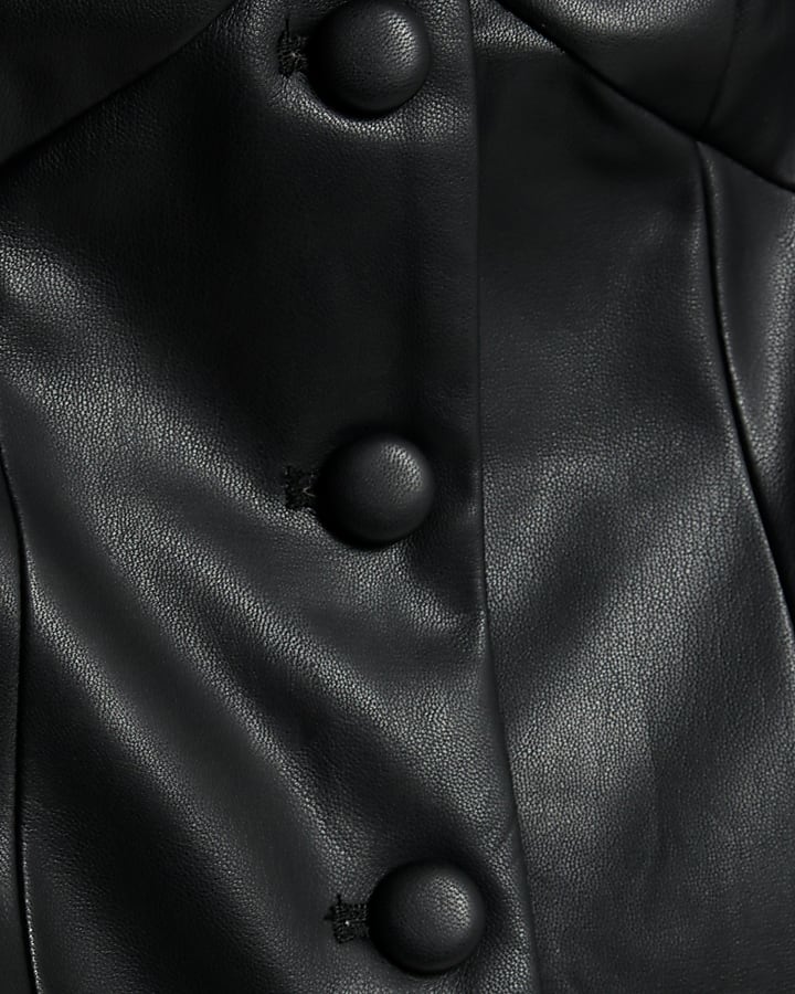 Black Faux Leather Fitted V Neck Top