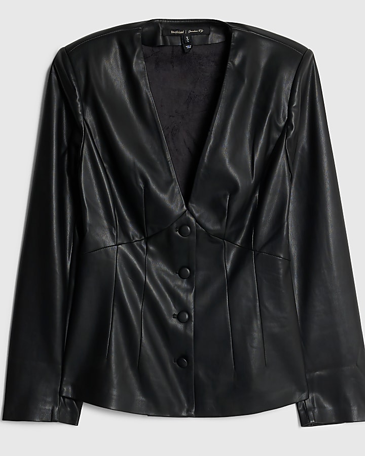 Black Faux Leather Fitted V Neck Top