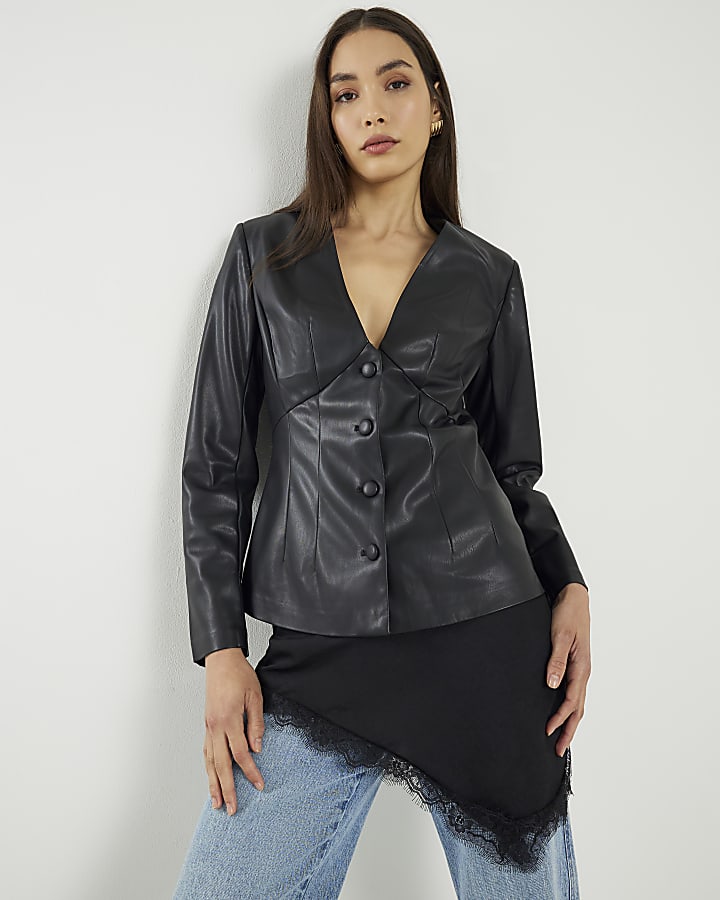 Black Faux Leather Fitted V Neck Top