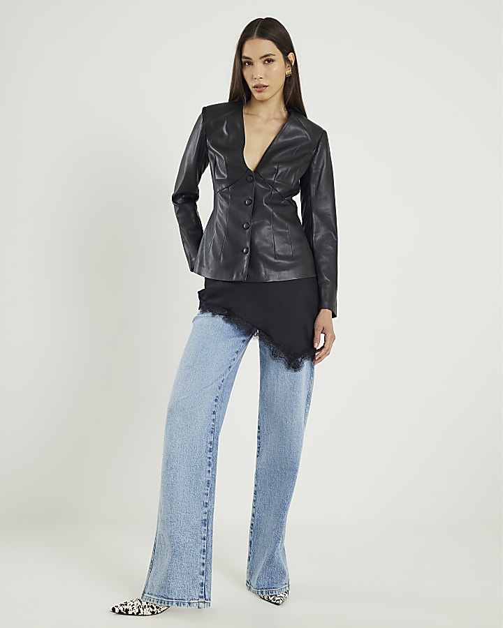 Black Faux Leather Fitted V Neck Top