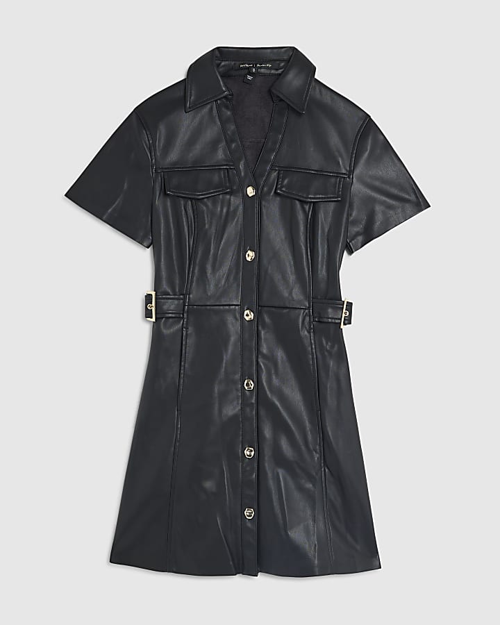Black Faux Leather Buckle Waist Mini Dress