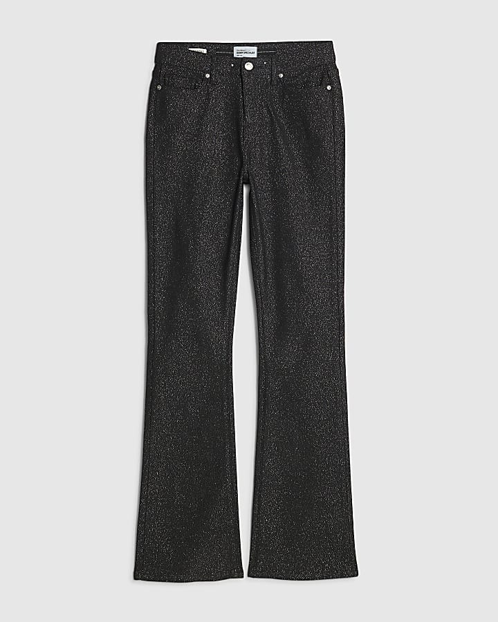 Black Mid Rise Glitter Flared Jeans