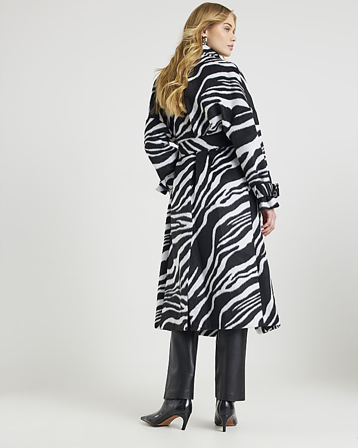 Black Zebra Print Batwing Sleeve Belted Coat