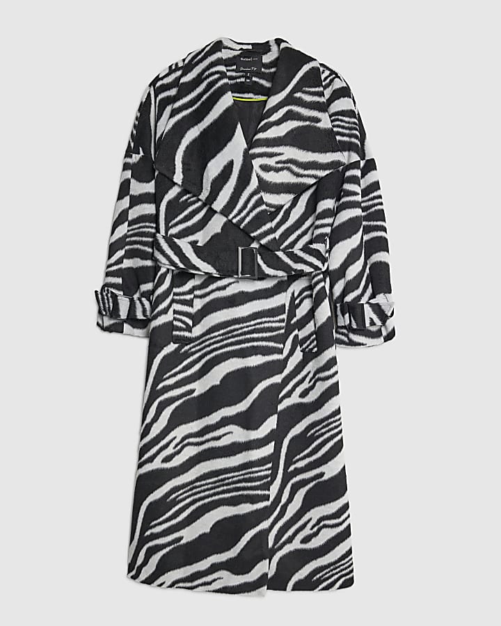 Black Zebra Print Batwing Sleeve Belted Coat