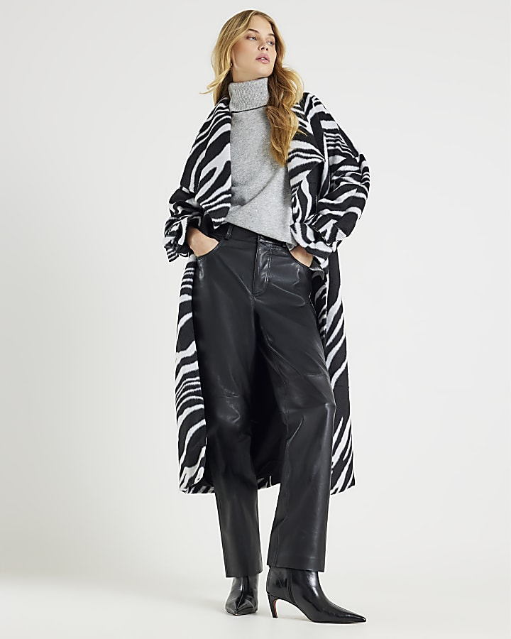 Black Zebra Print Batwing Sleeve Belted Coat