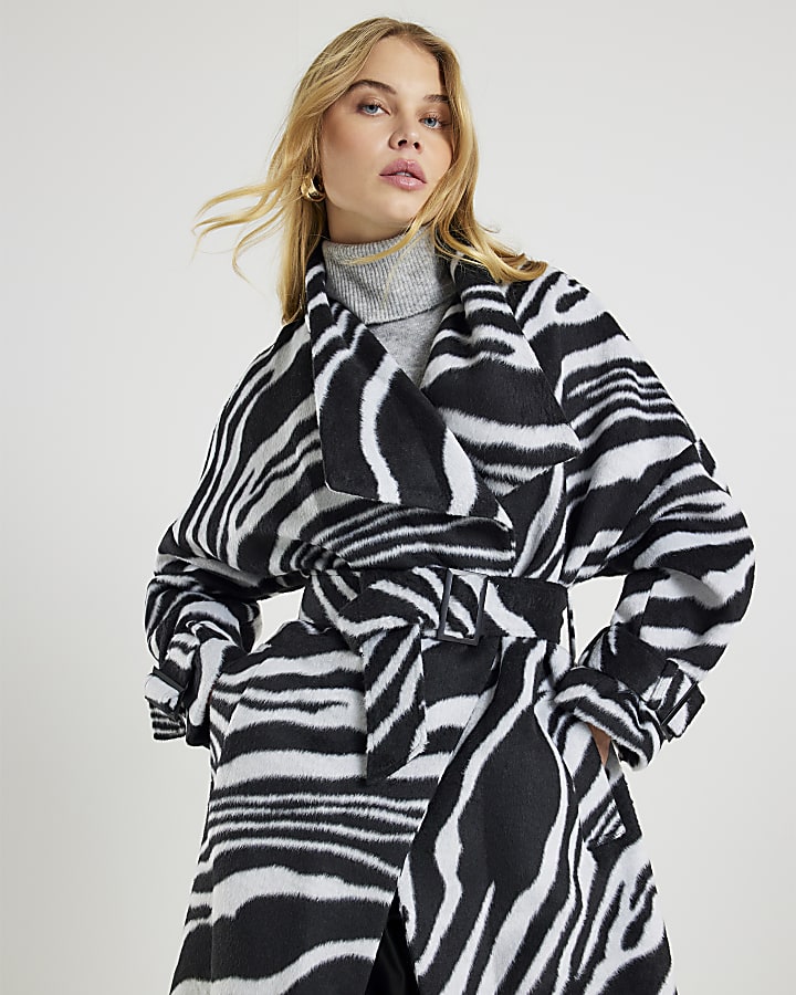Black Zebra Print Batwing Sleeve Belted Coat