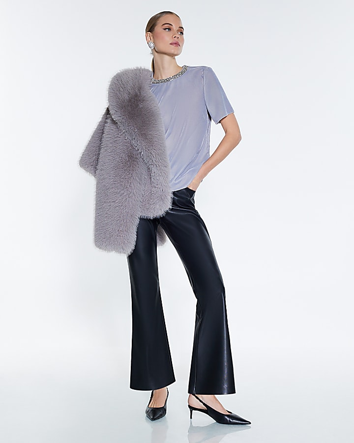 Blue Velvet Embellished Collar T-shirt