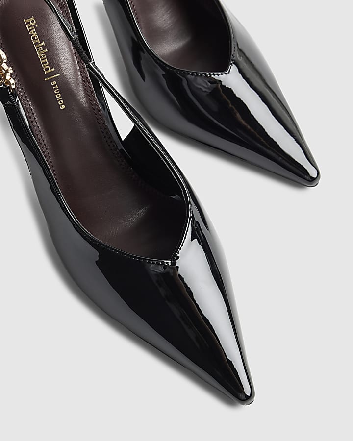 Black Slingback Patent Logo Court Heels
