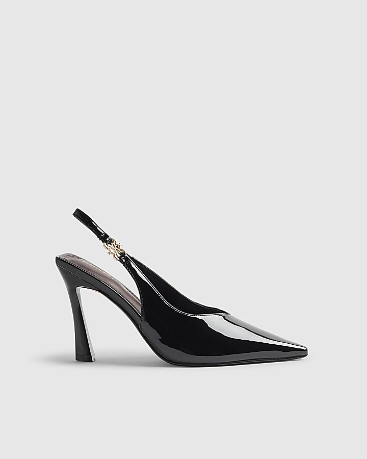 Black Slingback Patent Logo Court Heels