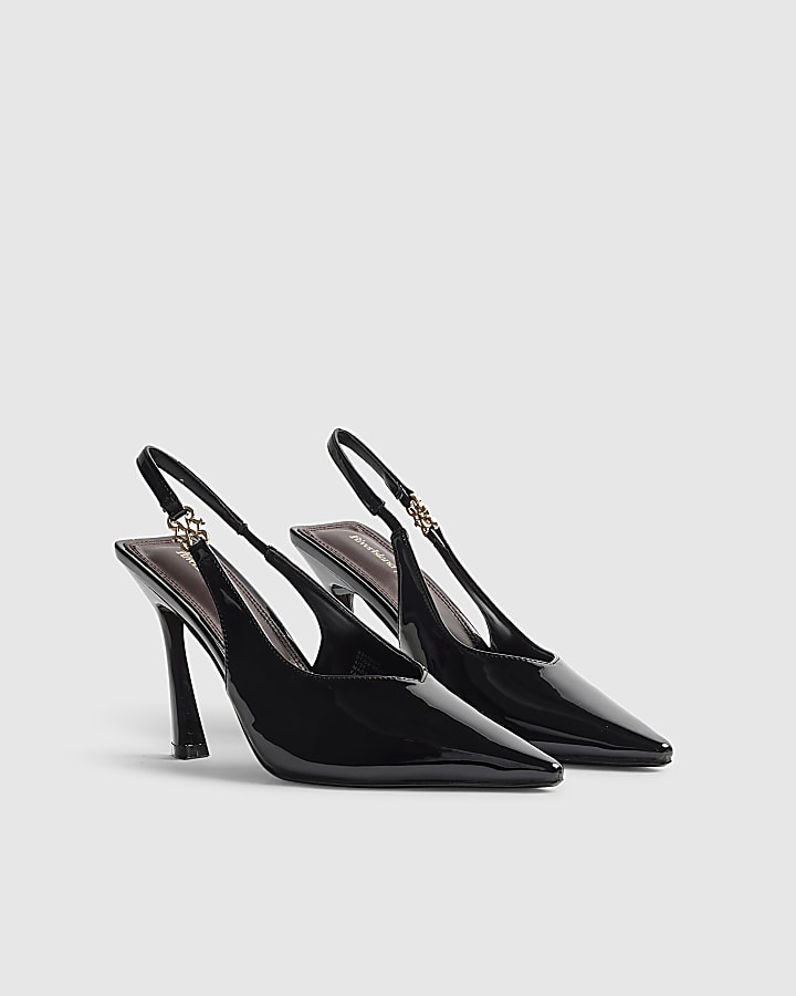 Black Slingback Patent Logo Court Heels
