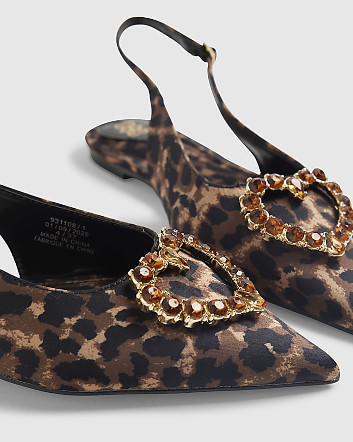 Brown Satin Leopard Print Slingback Shoes