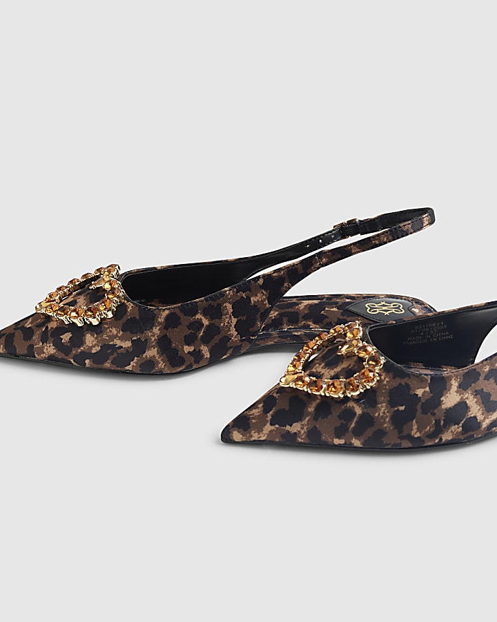 Brown Satin Leopard Print Slingback Shoes