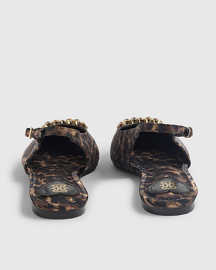 Brown Satin Leopard Print Slingback Shoes