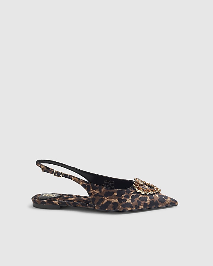 Brown Satin Leopard Print Slingback Shoes
