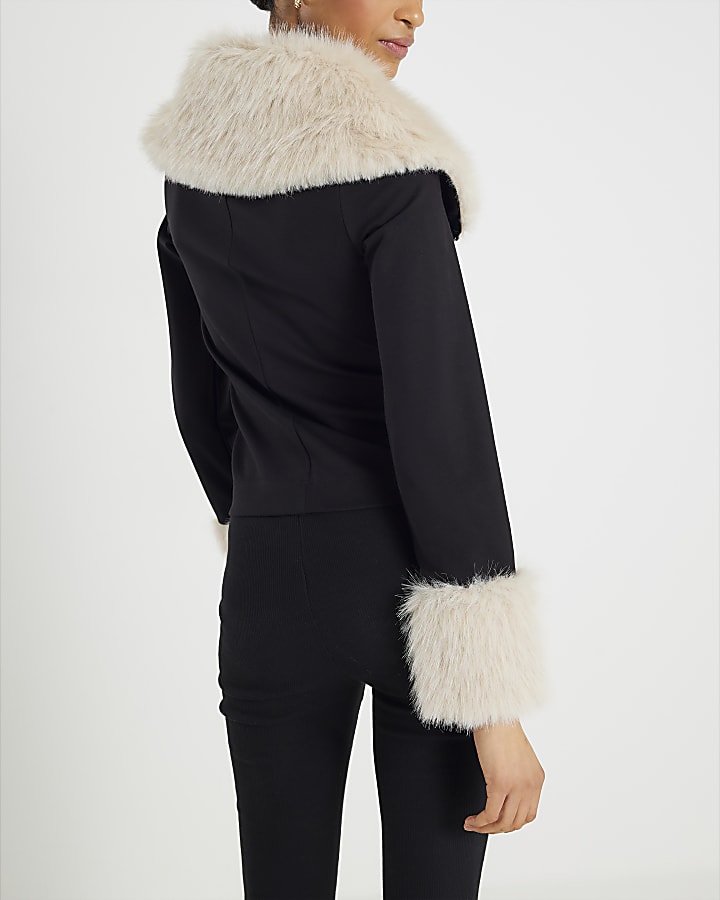 Black Fur Trim Zip Through Jacket