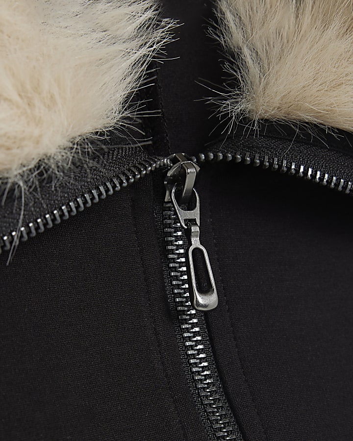 Black Fur Trim Zip Through Jacket