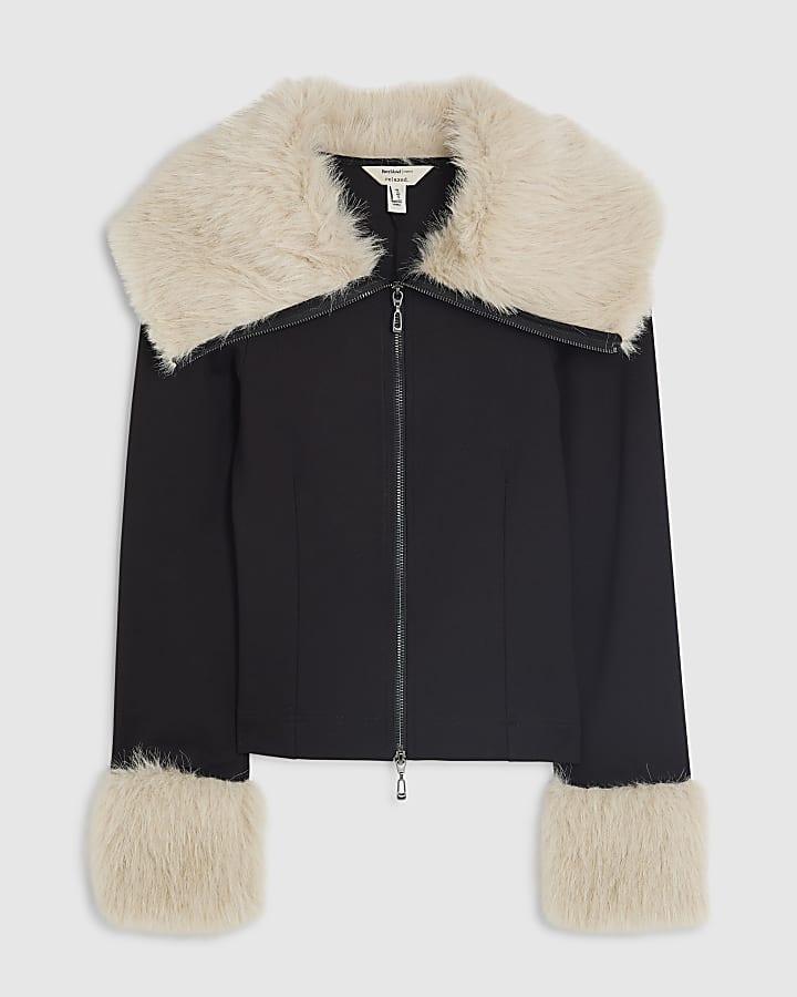 Black Fur Trim Zip Through Jacket