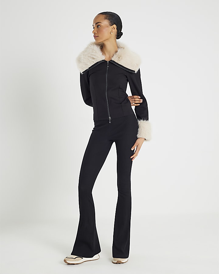Black Fur Trim Zip Through Jacket
