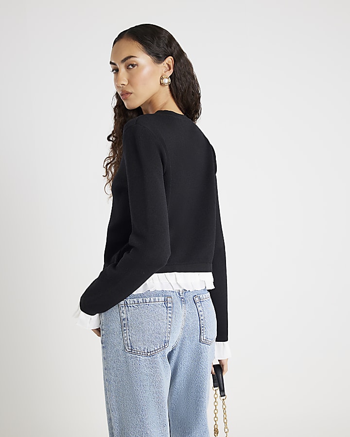 Black Knitted Frill Trim Cardigan